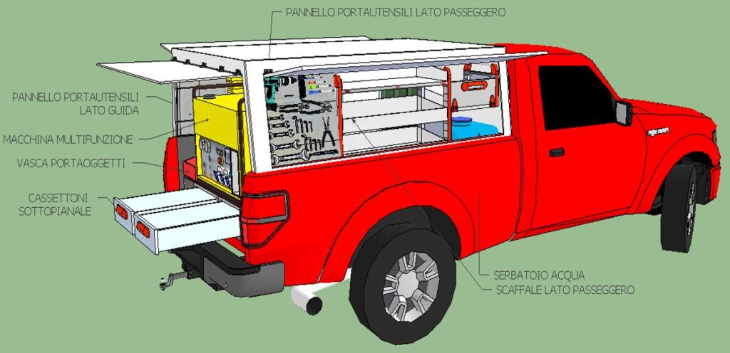 Allestimenti vending realizzato su Citroën Nemo con scaffale modulare per attrezzi per aziende di assistenza tecnica