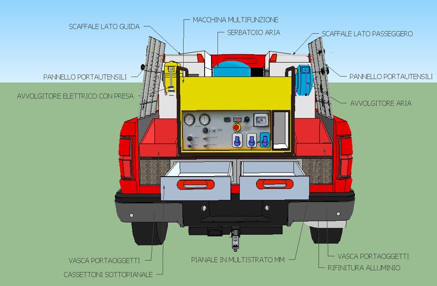 Soluzioni di allestimento per furgoni realizzato su Volkswagen Caddy Con banchetto da lavoro ribaltabile per tecnici e operatori specializzati